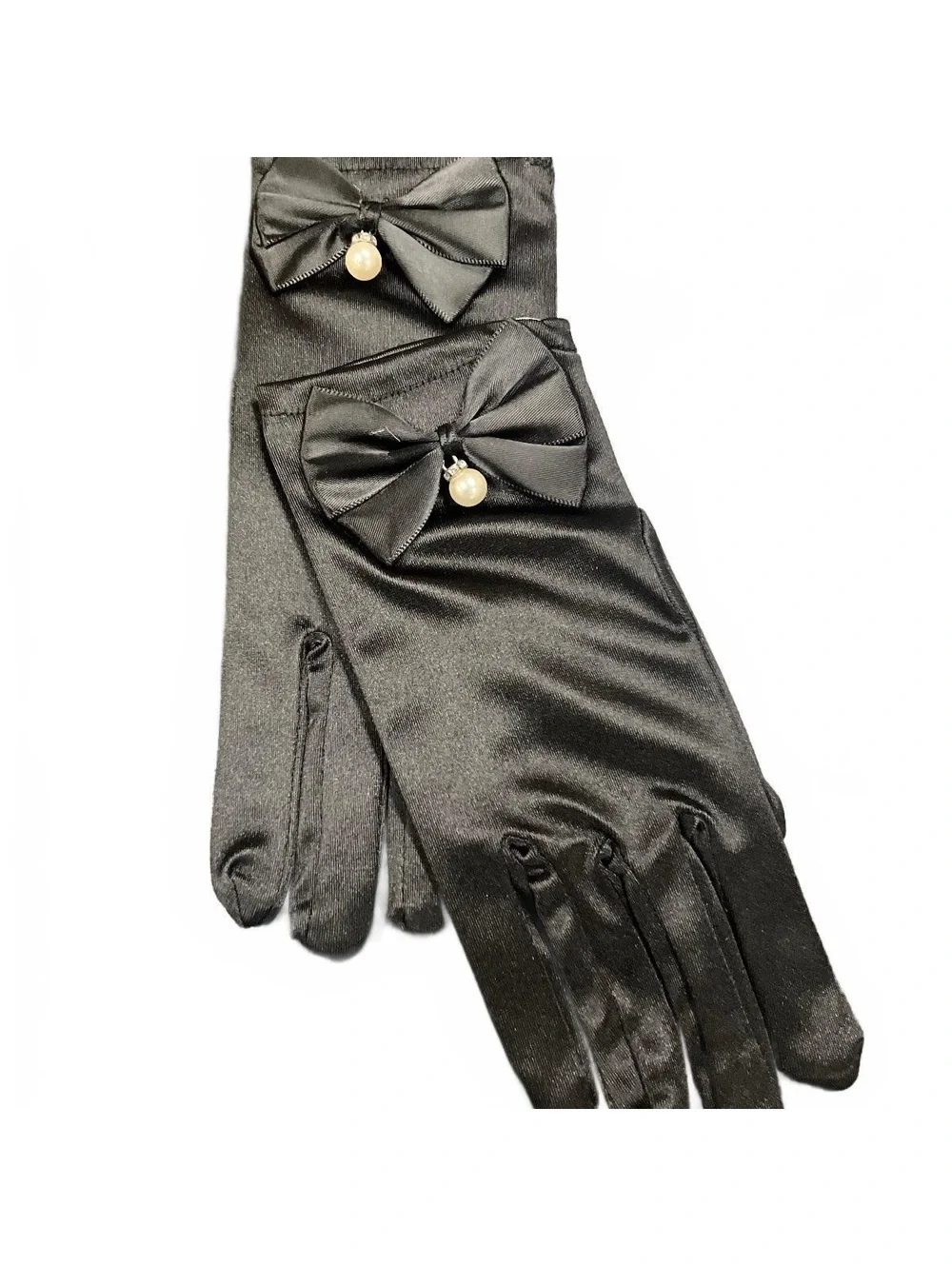 Black Satin Formal Wrist Length Gloves with Bow Pearl Drop NWT